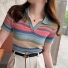 Striped Short-sleeve V-neck Knit Polo Shirt