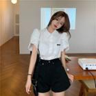 Short-sleeve Frill Trim Blouse / High-waist Denim Shorts