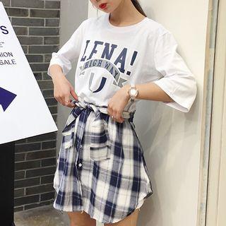 Plaid Panel Lettering Elbow Sleeve T-shirt Dress