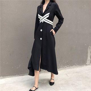Notch Lapel Buttoned A-line Midi Dress Black - One Size