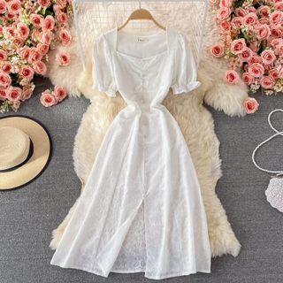 Puff-sleeve Square-neck Slit Midi A-line Dress
