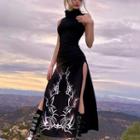 Sleeveless Turtleneck Printed Side-slit Midi Sheath Dress