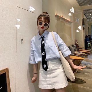 Pocket Detail Elbow-sleeve Shirt With Necktie