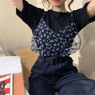 Plain T-shirt / Floral Print Mesh Camisole Top