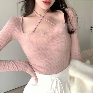 Square Neck Crisscross Fluffy Trim Knit Top