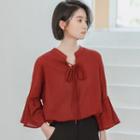 Bell-sleeve Blouse Wine Red - One Size