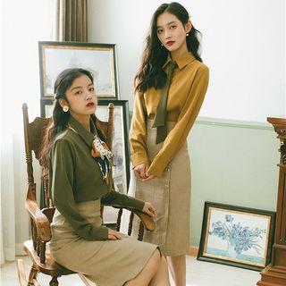 Set: Neck Tie Shirt + Midi A-line Skirt