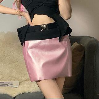 Faux Leather Heart Buckled Pencil Skirt