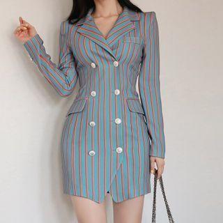 Long-sleeve Double-breasted Striped Mini Dress