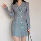 Long-sleeve Double-breasted Striped Mini Dress