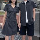 Pleated A-line Dress / Short-sleeve Shirt / Set