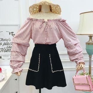 Boatneck Ruffled-trim Plaid Blouse