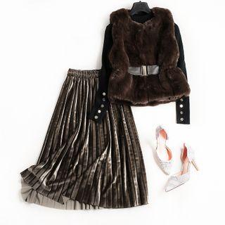 Set: Long-sleeve Top + Faux Fur Vest + Midi A-line Mesh Skirt