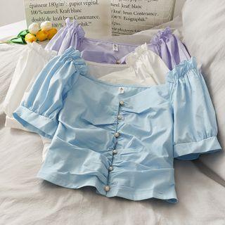 Wide-neck Pearl-button Crop Shirt