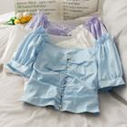 Wide-neck Pearl-button Crop Shirt