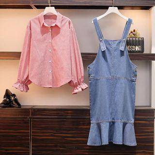 Set: Bell-sleeve Plaid Shirt + Denim Mermaid Pinafore Dress