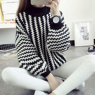 Contrast Trim Puff Sleeve Chunky Sweater