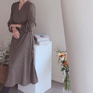 Pattern Tie-waist Wrap-front Dress Brown - One Size