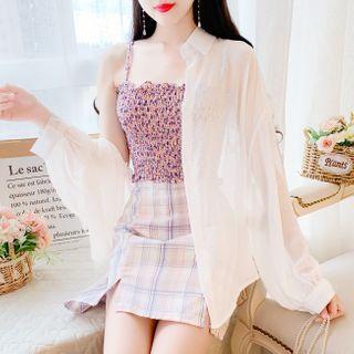 Set: Plain Shirt + Crinkle Camisole Top + Plaid Mini Pencil Skirt