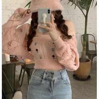 Set: Floral Embroidered Knit Bandeau + Cardigan Pink - One Size