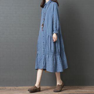 Plaid Panel Long-sleeve Midi Shirt Dress