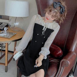 Two-tone Ruffled Long-sleeve Mini A-line Dress