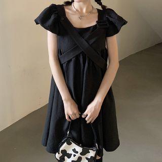 Puff-sleeve Plain Mini A-line Dress Black - One Size