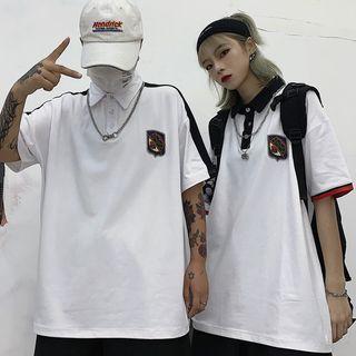 Color Block Polo Collar T-shirt / Plain Wide-leg Shorts