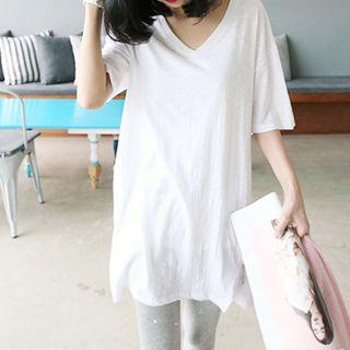 V-neck Zip Elbow-sleeve T-shirt