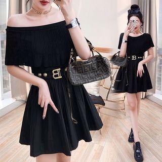 Set: Short-sleeve Off-shoulder Knit Top + Mini A-line Skirt
