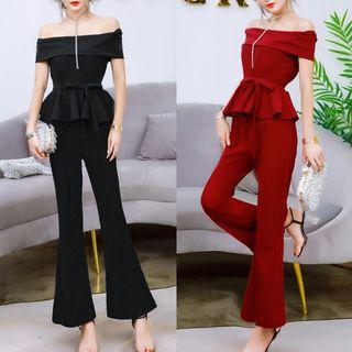 Set: Short-sleeve Off Shoulder Ruffled Top + Wide-leg Pants