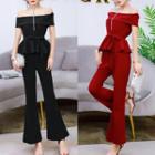 Set: Short-sleeve Off Shoulder Ruffled Top + Wide-leg Pants