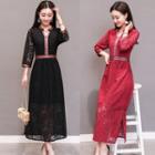 V-neck 3/4-sleeve Lace Midi Dress