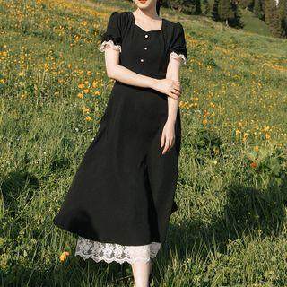 Short-sleeve Lace-up Back Midi A-line Dress