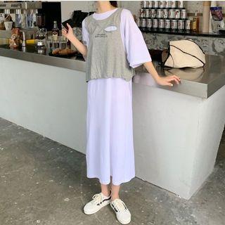 Set: Loose-fit Print T-shirt Dress + Backless Sleeveless Top