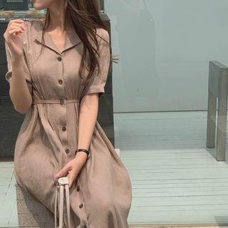 Gathered-waist Long Shirtdress Choco Brown - One Size