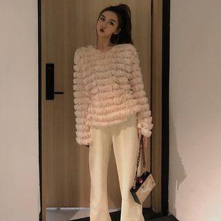 Long-sleeve Furry Top / Corduroy Wide-leg Pants