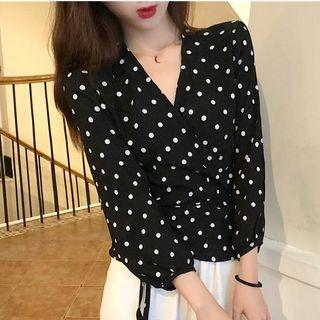 Dot V-neck Puff-sleeve Top