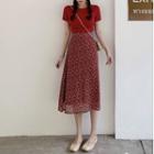 Plain Short-sleeve T-shirt / High-waist Floral Chiffon Midi Skirt
