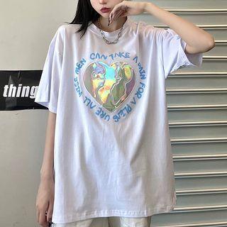 Elbow-sleeve Lettering Heart Print T-shirt White - One Size