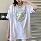 Elbow-sleeve Lettering Heart Print T-shirt White - One Size
