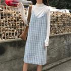 Long-sleeve Mock Neck Knit Top / Spaghetti Strap Plaid Midi Dress