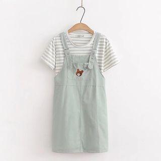 Set: Short-sleeve Striped T-shirt + Mini A-line Overall Dress