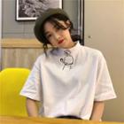 Embroidered Elbow-sleeve Mock-turtleneck T-shirt