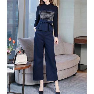 Set: Long-sleeve Houndstooth Panel Top + Wide-leg Pants