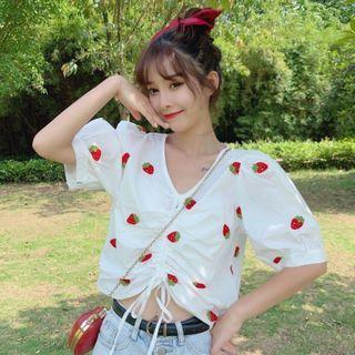 Embroidered Puff-sleeve V-neck Drawstring Blouse