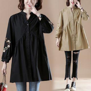 Embroidered V-neck Medium Long Shirt