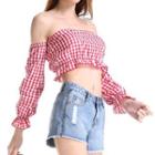 Gingham Long-sleeve Cropped Blouse / Strapless Cropped Top