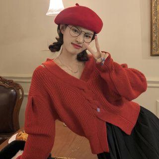 V-neck Cutout Slit Hem Knit Top