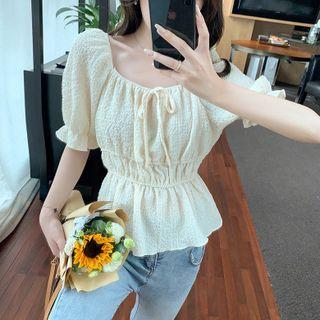 Puff-sleeve Bow Plain Chiffon Blouse